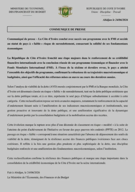 Communiqué du ministère de l'économie du budget et des finances