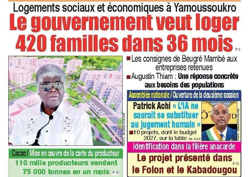 Revue de presse du 2 octobre : session parlementaire à l’Assemblée nationale, échanges ONU-Gbagbo, crise du cacao et 420 logements à Yamoussoukro dominent les Unes