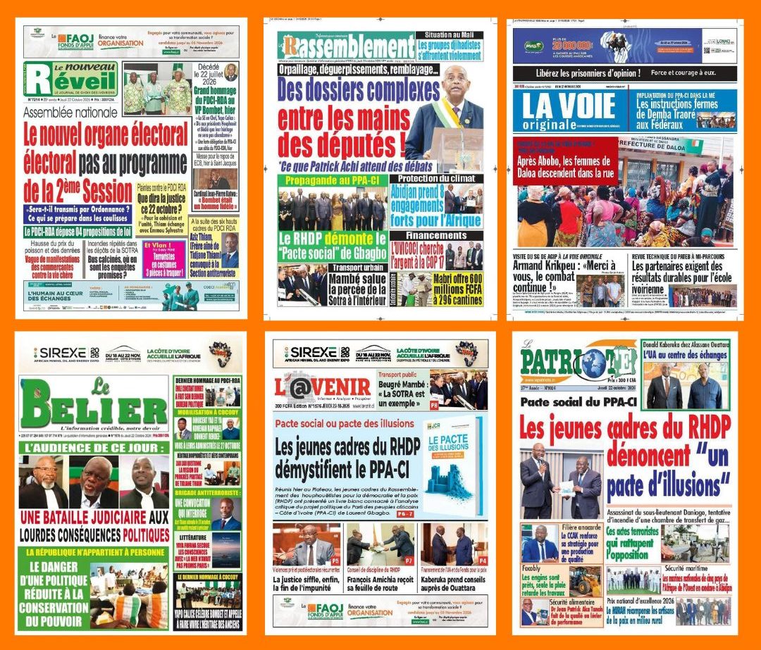 Revue Ivoirienne du 22 octobre : nouvel organe électoral, vie chère et bataille autour du pacte social de Gbagbo au cœur des journaux