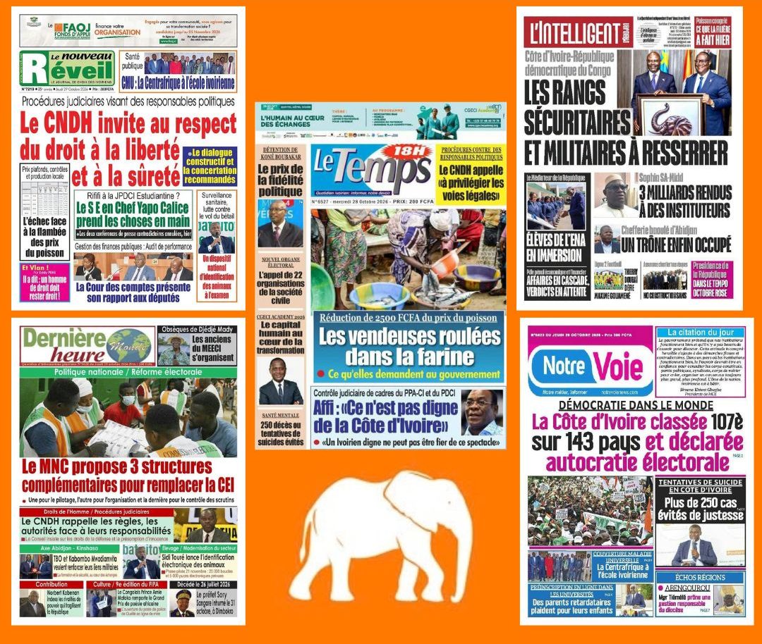 Revue Ivoirienne du 29 octobre : les appels du CNDH, les tensions autour de l’opposition, coopération entre Abidjan et Kinshasa et le prix du poisson à la Une