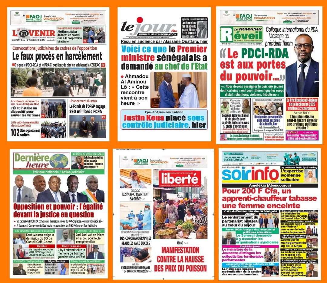 Revue Ivoirienne du 20 octobre : convocations judiciaires, tensions politiques et diplomatie à la Une des journaux